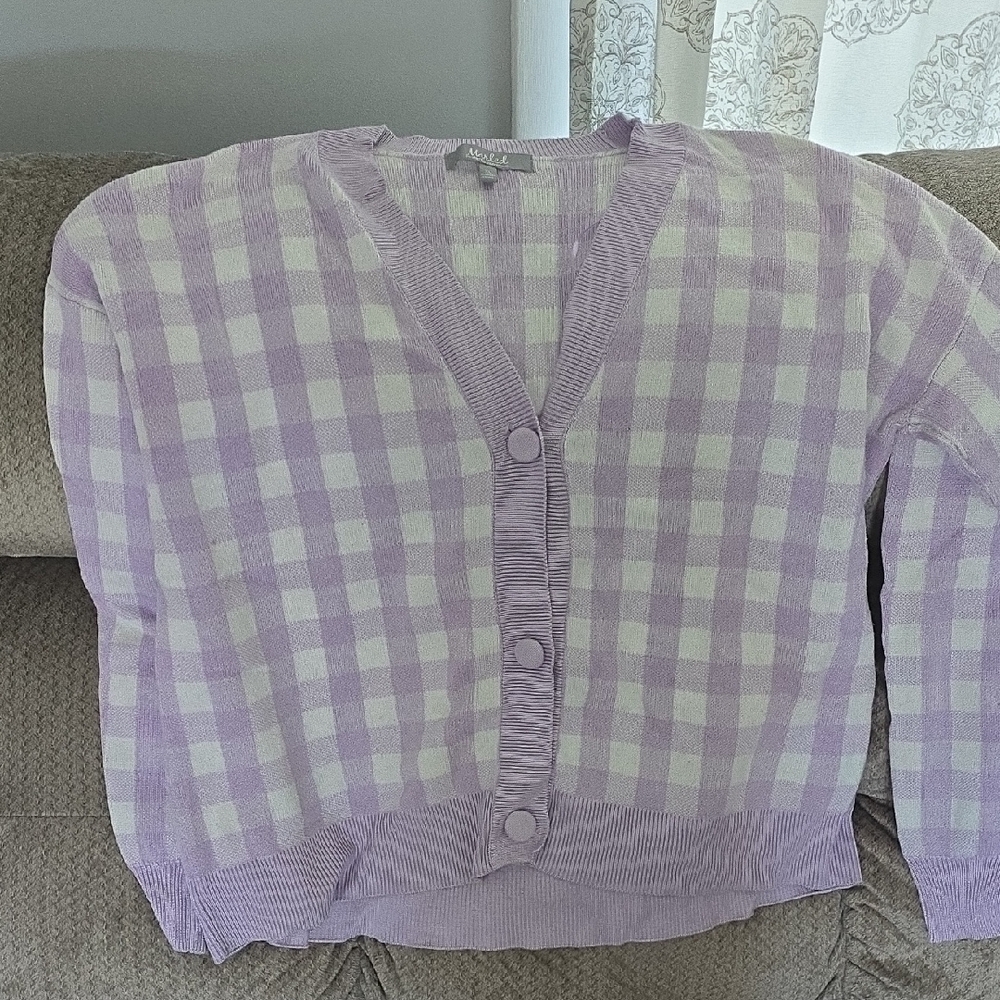 Marled Purple and White Gingham Cardigan Sweater